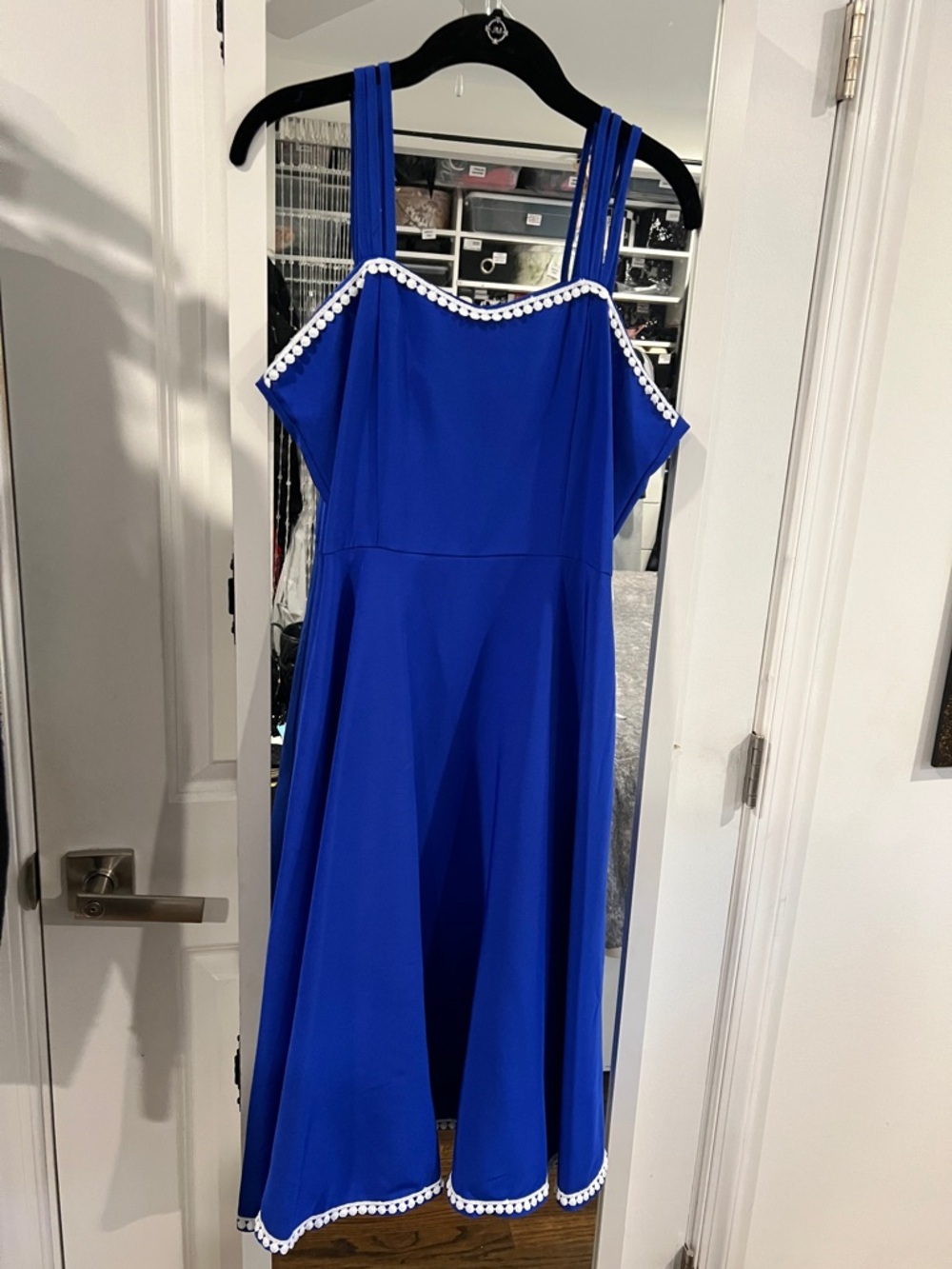 Blue Cami Spaghetti Strap 50’s Style Midi Dress with Pom-Pom Trim